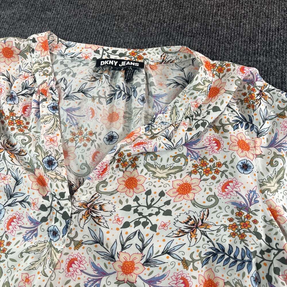 DKNY Jeans Women's White Multi Floral V-Neck Long Sleeve Blouse Size M